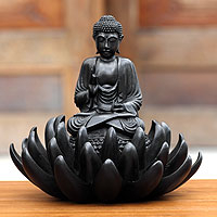 Ebony statuette Buddha on Lotus Blessing Indonesia