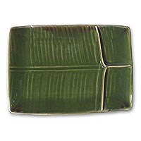 Stoneware ceramic serving platter Square Leaf Indonesia