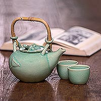 Green ceramic tea set Peaceful Lily set for 2 Indonesia
