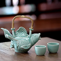 Stoneware tea set Fish Legends in Green set for 2 Indonesia