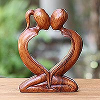 Wood statuette, 'Kiss Me Quick!' - Handcrafted Indonesian Romantic Wood Sculpture