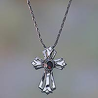 Garnet necklace, 'Blossom Cross' - Garnet necklace