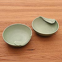 Ceramic bowls Frangipani Leaves pair Indonesia