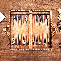 Wood backgammon set, 'Inner Secrets' - Folding Hand Carved Backgammon Set