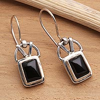 Onyx dangle earrings, 'Black Vision' - Modern Onyx Sterling Silver Dangle Earrings