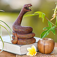 Wood statuette, 'Coiled Snake' - Hand Carved Wood Statuette