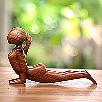 Wood statuette, 'Cobra Yoga Pose' - Suar Wood Statuette