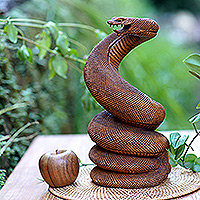 Wood sculpture, 'Serpent Guardian' - Wood Snake Sculpture