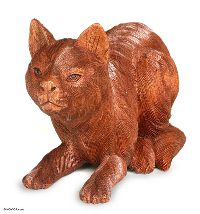 Artisan Crafted Wood Sculpture - Kitty Cat Hunts | NOVICA