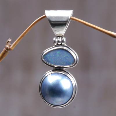 Cultured pearl and opal pendant, Eclipse of Blue