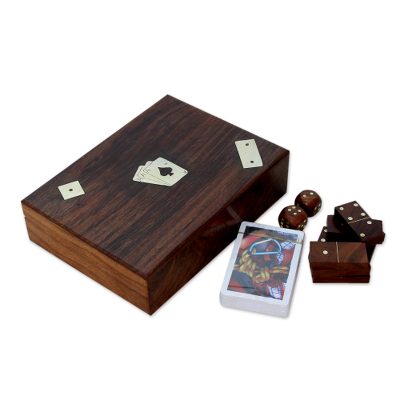 Wood box and game pieces, 'Three Game Fun' - Cards Dice Dominos Set Wood Box Brass Inlay