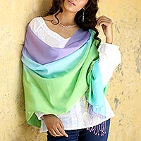 Silk and wool shawl Aqua Rose India