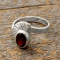 Garnet solitaire ring, 'Love Shield' - Handmade Sterling Silver and Garnet Ring