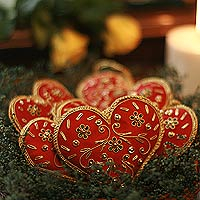 Beaded ornaments, 'Red Velvet Heart' (set of 5) - Red Heart Shaped Beaded Ornaments from India (Set of 5)