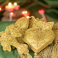 Beaded ornaments, 'Golden Splendor' (set of 8) - Golden Fair Trade Hand Beaded Ornaments (Set of 8)