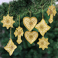 Beaded ornaments, 'Golden Glory' (set of 8) - Indian Handmade Heart Shaped Ornaments (Set of 8)