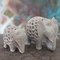 Soapstone sculptures, 'Elephant Duet' (set of 2) - Hand Carved Soapstone Jali Sculptures (Pair)