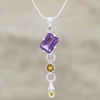 Citrine and amethyst pendant necklace Honey Drop India