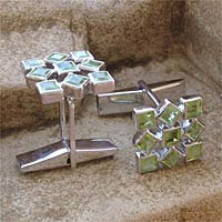 Peridot cufflinks, 'Jigsaw Riddle' - Cufflinks Artisan Crafted Sterling Silver Peridot 