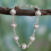Pearl link bracelet, 'White Cloud' - Hand Made Bridal Sterling Silver Link Pearl Bracelet