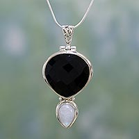 Onyx and moonstone pendant necklace, 'Reunion' - Onyx and Moonstone Pendant Necklace