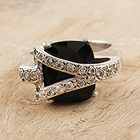 Onyx cocktail ring, 'Secret' - Handcrafted Onyx and Silver Cocktail Ring from India