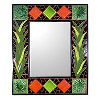 Mirror, 'Green Sunflower Magic' - Artisan Crafted Mosaic Tile Wall Mirror from India 