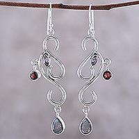 Garnet and amethyst chandelier earrings, 'Modern Ivy' - Artisan Crafted Garnet and Labradorite Earrings