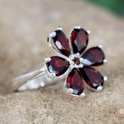 Silver and Garnet Flower Ring