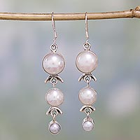 Pearl dangle earrings, 'Three Moons' - Pearl Earrings Handcrafted Bridal Sterling Silver Jewelry