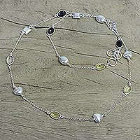 Citrine and smoky quartz long necklace, 'Love Charmer' - Sterling Silver Necklace with Smokey Quartz and Citrine