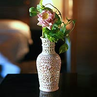 Soapstone vase, 'Floral Honor' - Fair Trade Soapstone Vase Decorative Hand Crafted