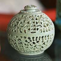 Soapstone jar, 'Jasmine Rose' - Natural Soapstone Jar in Handcarved Jali Openwork