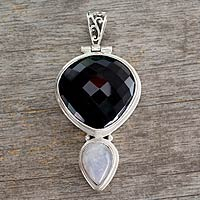 Onyx and moonstone pendant, 'Reunion' - Modern Sterling Silver Onyx Pendant