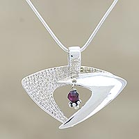 Garnet pendant necklace, 'Hold Me Lightly' - Garnet Necklace Sterling Silver India Modern Jewelry