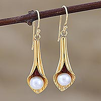 Gold vermeil pearl flower earrings, 'Secret Lilies' - Bridal Jewelry Earrings in Vermeil and Pearls