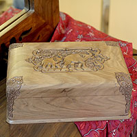 Walnut wood jewelry box, 'Elephant Leisure' - Wood Jewelry Box