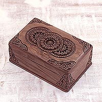 Walnut wood jewelry box, 'Floral Mandalas' - Hand Carved Wood Jewelry Box