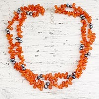 Pearl and carnelian strand necklace, 'Opulent Ginger' - Pearl and carnelian strand necklace