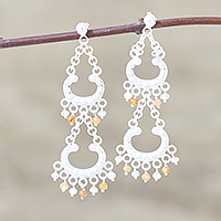 Carnelian and rainbow moonstone chandelier earrings, 'Lace' - Sterling Silver Carnelian and Rainbow Moonstone Earrings