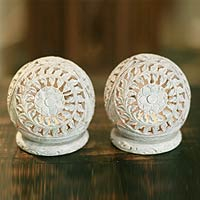Soapstone candleholders, 'World is a Flower' (pair) - Hand Carved Jali Soapstone Candle Holders (Pair)