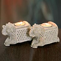 Soapstone candleholders, 'Versatile Elephants' (pair) - Soapstone candleholders