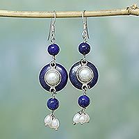 Pearl and lapis lazuli dangle earrings,