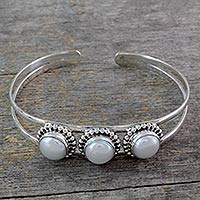 Pearl cuff bracelet, 'Moonlight Trio' - Hand Made Indian Sterling Silver Cuff Pearl Bracelet