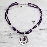 Amethyst pendant necklace, 'Beautiful Essence' - Indian Jewelry Sterling Silver Beaded Amethyst Necklace