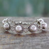 Pearl link bracelet, 'Prosperity' - Indian Jewelry Bracelet in Sterling Silver and Pearls
