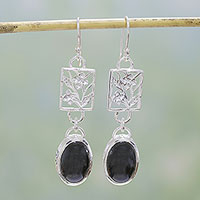 Onyx flower earrings, 'Summer Night' - Hand Made Floral Onyx and Silver Dangle Earrings