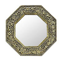 Mirror, 'Golden Vineyard' - Brass Repoussé Wall Mirror Indian Artist Hand Made