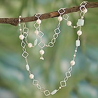 Pearl and blue chalcedony long necklace,