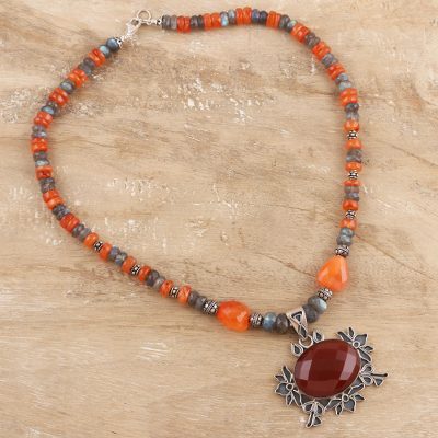 Labradorite and carnelian flower necklace, Temptress